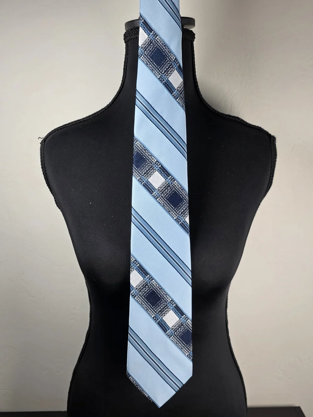 Vintage D’ZIO 70s 80s Blue Geometric Plaid Stripe Tie 3”